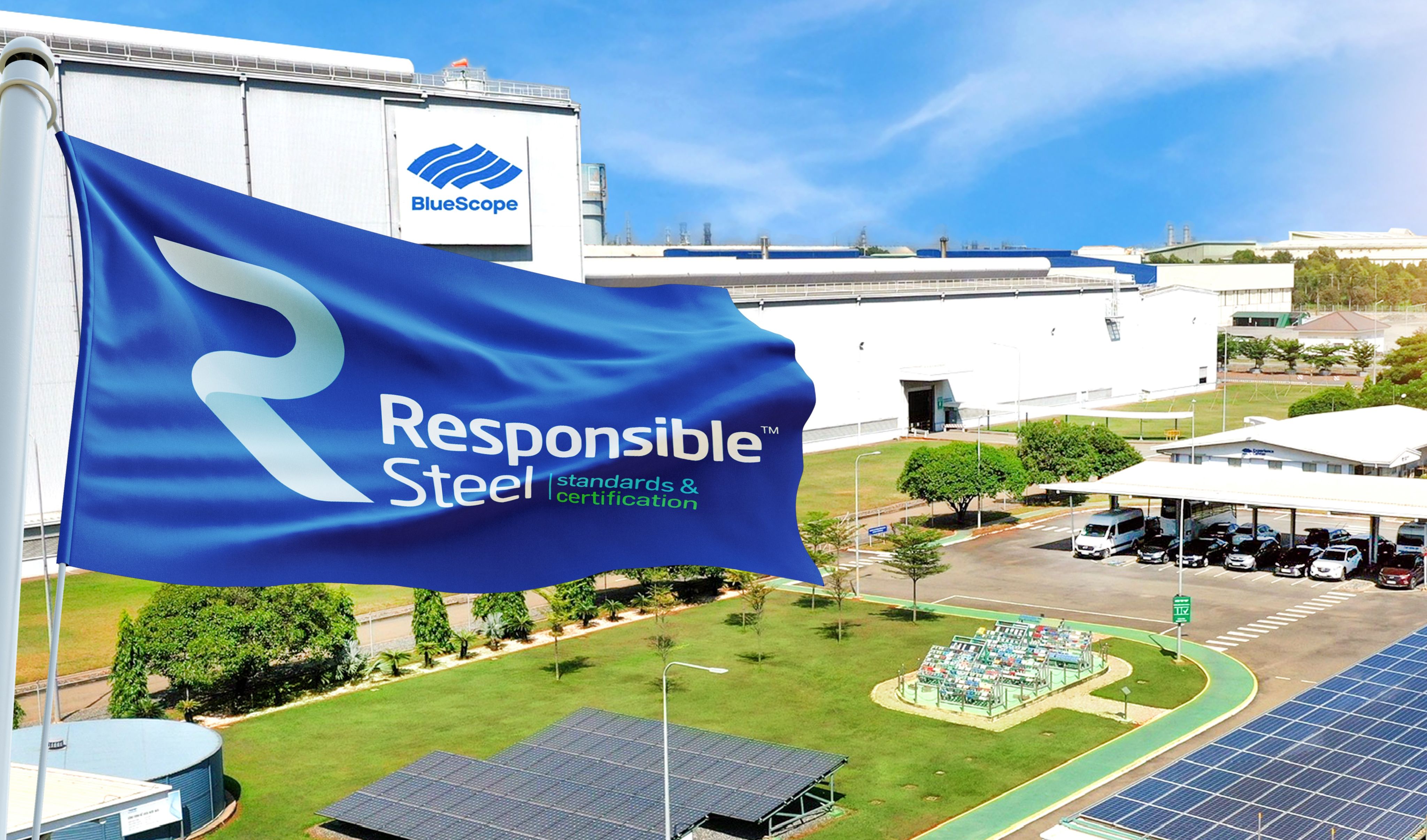 A ResponsibleSteel flag outside of NS BlueScope Vietnam's site in Phu My..