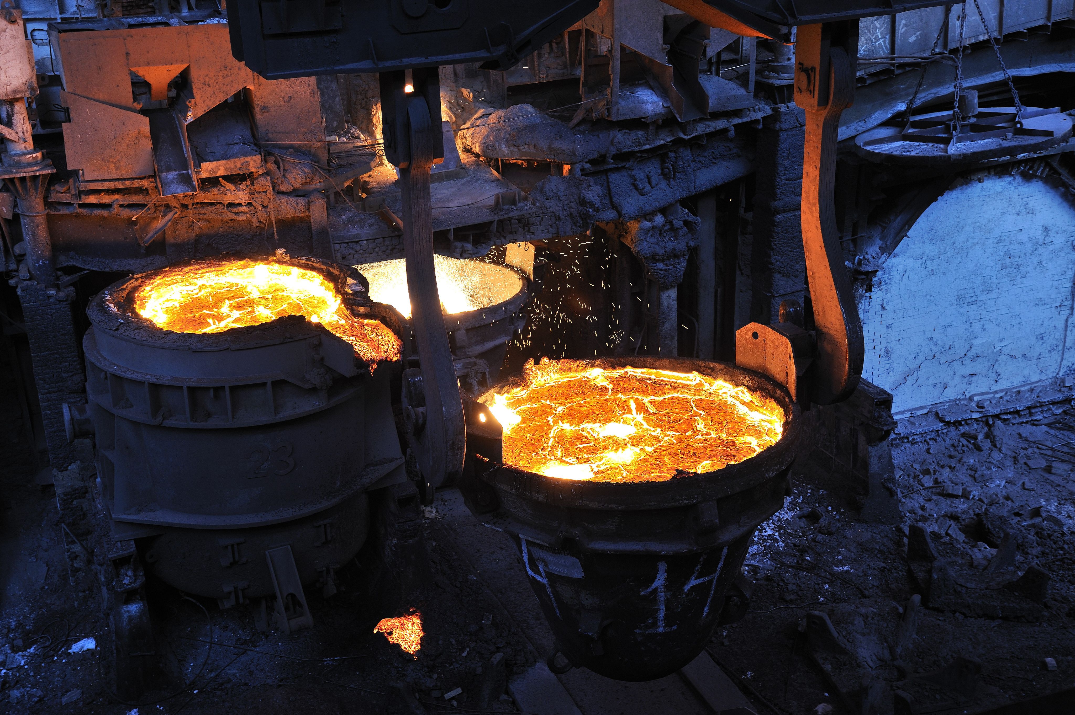 A ladle transporting molten steel.